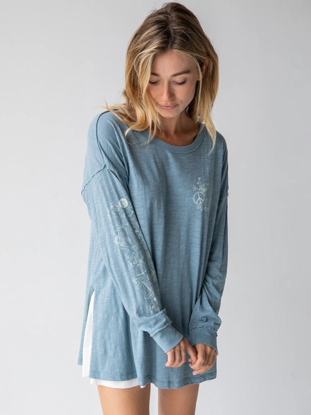 Natural Life Oversized Cotton Art Doodle Graphic Long Sleeve T Shirt Medium Boho